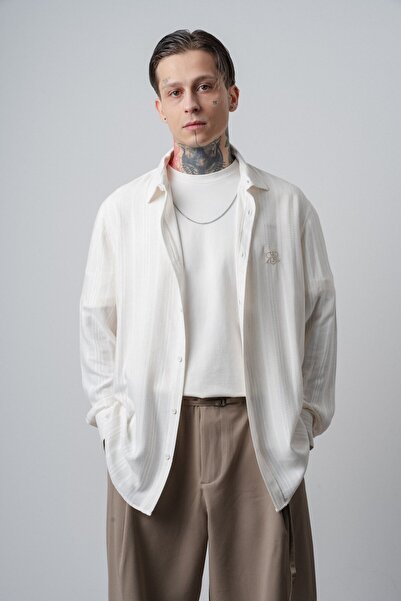 Respire Cămașă pentru bărbați lejer cu mânecă lungă supradimensionat Ecru