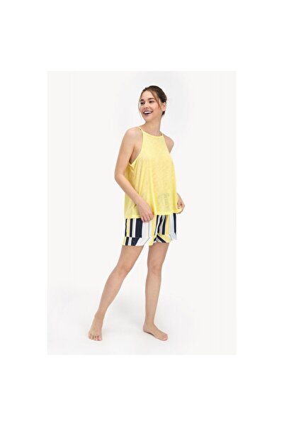Arnetta Women's pajamas with a tank top with straps and Striped shorts, yello...