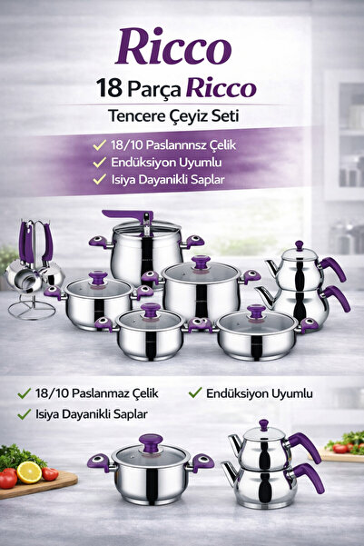 Remetta 18 Parça Çelik Tencere Çeyiz Seti Düdüklü Tencere Çaydanlık Cezve Set...