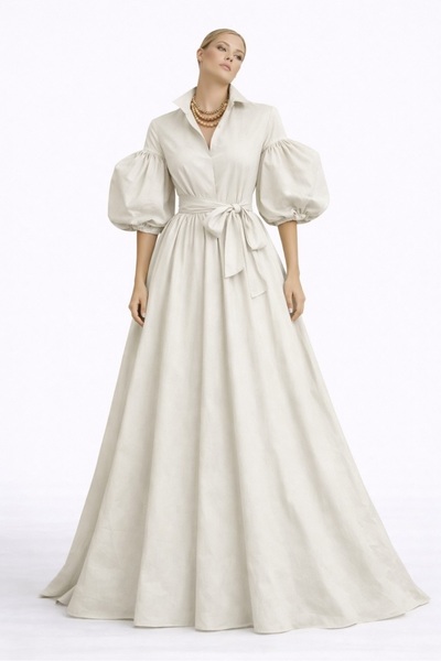 UNTIMELY Balloon Sleeves & Belted Maxi Light Beige Poplin Shirt Dress