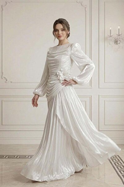 hakimoda Adelin sparkle chiffon evening dress white