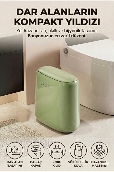 Playtronik 12L İnce Tasarım Bas-Aç Kapaklı Banyo Tuvalet Çöp Kovası Dar Alanl...