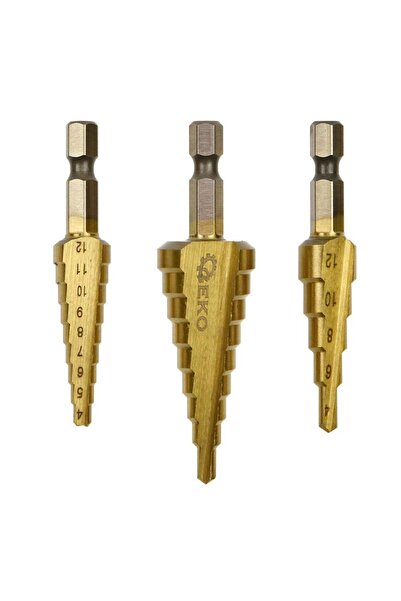 GEKO SET 3 BURGHIE CONICE IN TREPTE HSS TiN HEX 1/4" (3-12 / 4-12 / 4-20 MM) -