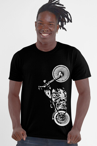 ROCKANDROLL Tricou negru cu mânecă scurtă Vertical Motocycle pentru bărbați