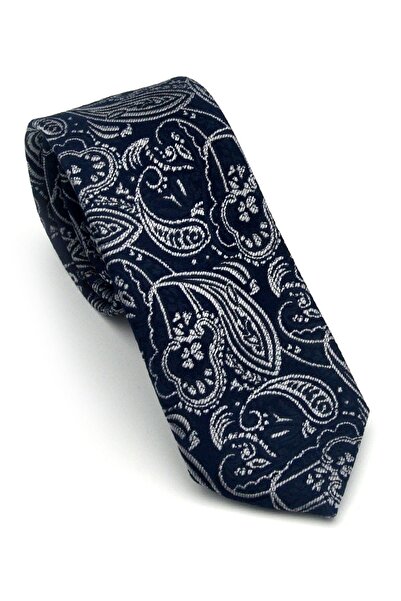 Gaffy Gray Shawl Patterned Navy Blue Woven Fabric Handkerchief Slim Fit Tie /...