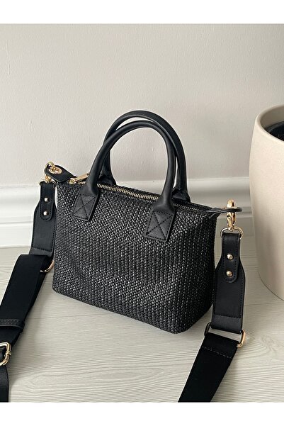 Nura Collection Black Straw Women's Mini Letter Model Handbag and Shoulder Bag