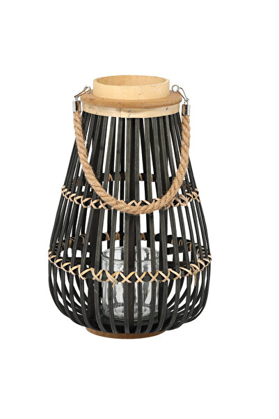 SERSIMO Felinar decorativ din lemn cu inserție de sticlă, 25x40 cm, negru