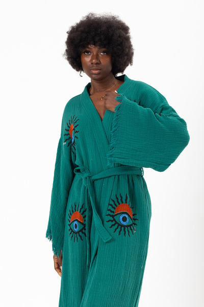 Denizli Kimono 100% Cotton Muslin Kimono, Sun Eye Printed Kaftan, Kimono, Dre...