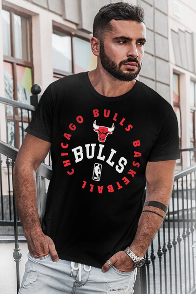 ROCKANDROLL Tricou negru cu mânecă scurtă Bulls Basket pentru bărbați