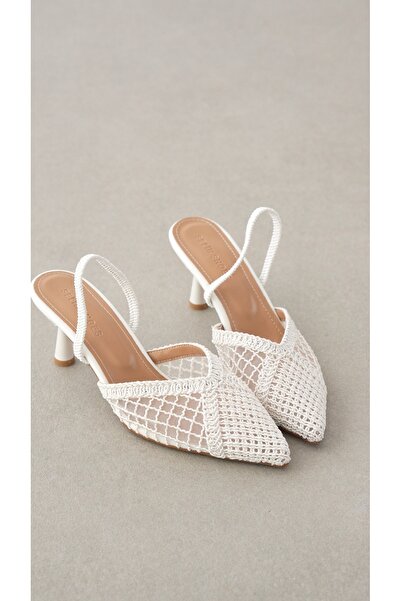 selin shoes حذاء رافيل نسائي محبوك بمقدمة مدببة دانتيل حذاء بكعب - EKRU