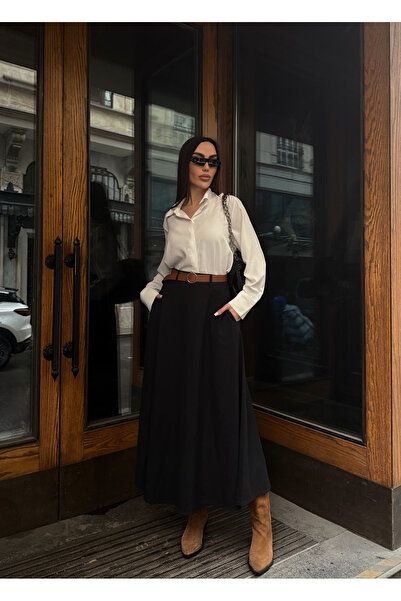 LB Laluna Butik Women's Pocketed Belt Piece Long Skirt