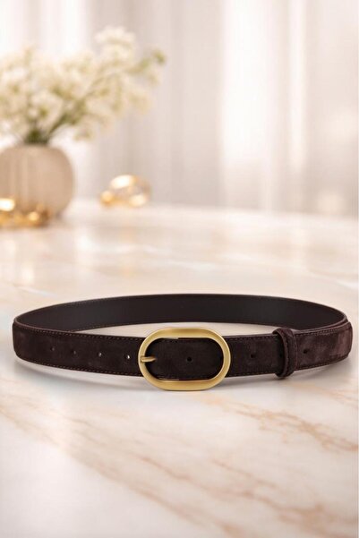 WilliamPolo Mira Genuine Suede Leather Gold Buckle Black Women's Belt
