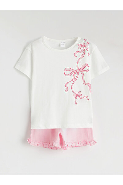 LC Waikiki Giyçık Store Pink Bow Printed Girls' T-Shirt and Shorts