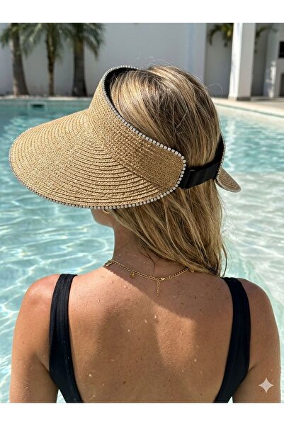 Trend Şapka 19043 Καμηλό ελαστικό καπέλο με ανοιχτό επάνω μέρος και ψάθινο γείσο