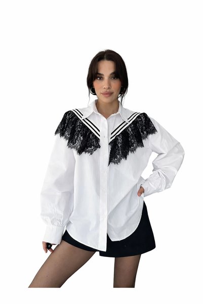 ribana Women's long sleeve Plaid Paneled Poplin Lace detailed shirt 2729