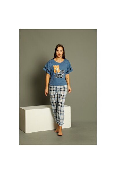 Serena Pijamale , maneca scurta, pantaloni lungi, culoare albastru, imprimeu ...