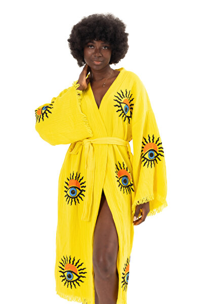 Denizli Kimono 100% Cotton Muslin Kimono, Sun Eye Printed Kaftan, Kimono, Dre...