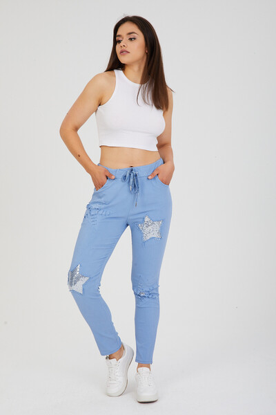 della moor Women's Blue Italian Star D Patterned Sequined Elastic Waist Lace-...