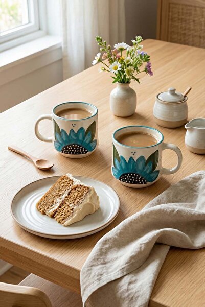 EvaniLife 2-Piece Sunflower Patterned Special Handmade Ceramic Mug & Cup Embo...