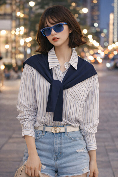 ribana Women's Paneled Long Sleeve Striped Shirt 2735