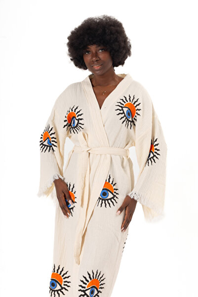 Denizli Kimono 100% Cotton Muslin Kimono, Sun Eye Printed Kaftan, Kimono, Dre...