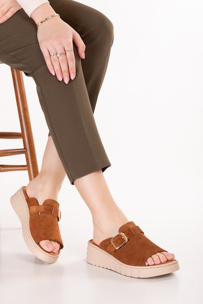 Gondol Genuine Leather Wedge Heel Lu Comfortable Slipper Rh.421 Tan Suede