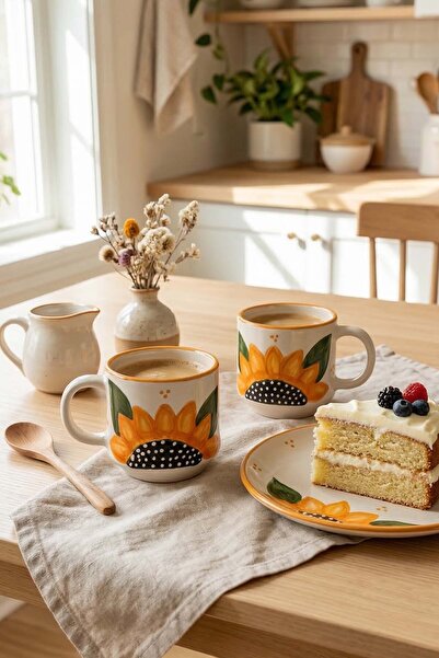 EvaniLife 2'Li Ayçiçeği Desenli Özel El Yapımı Seramik Kupa & Bardak Kabartma...