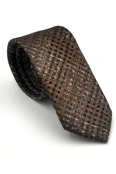 Gaffy Gray Patterned Brown Woven Fabric Handkerchief Slim Fit Tie // Sdk-2602-4