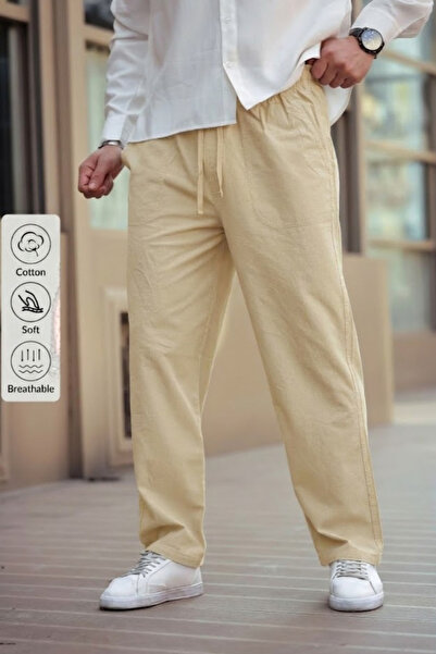 COMBİNE MİCHAİL Men's Linen Loose Fit Trousers Cream