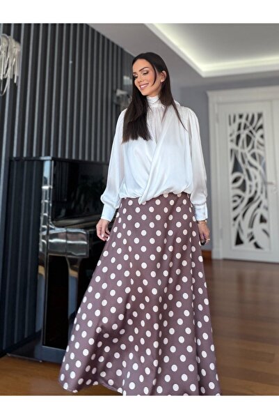 Atelier Derin Brown Polka Dot Piece Satin Skirt