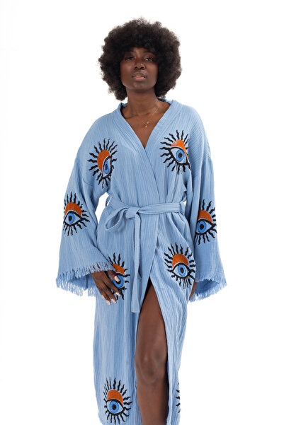 Denizli Kimono 100% Cotton Muslin Kimono, Sun Eye Printed Kaftan, Kimono, Dre...