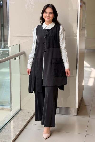 Nurcan Çetin Kupra Fabric Combination Vest, Shirt and Trousers 3-Piece Set