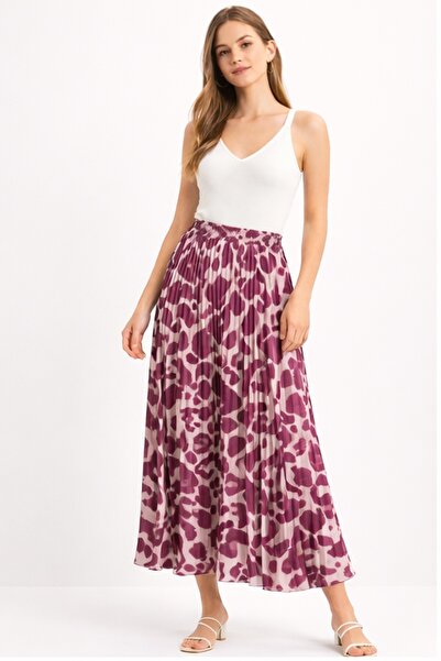 Marjinal KADIN Saten Pliseli Leopar Desenli Etek