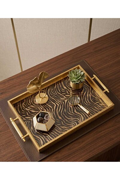 Öykü Gold Varaklı Zebra Desenli Lüks Sunum Tepsisi - Modern Tasarım Dekoratif...
