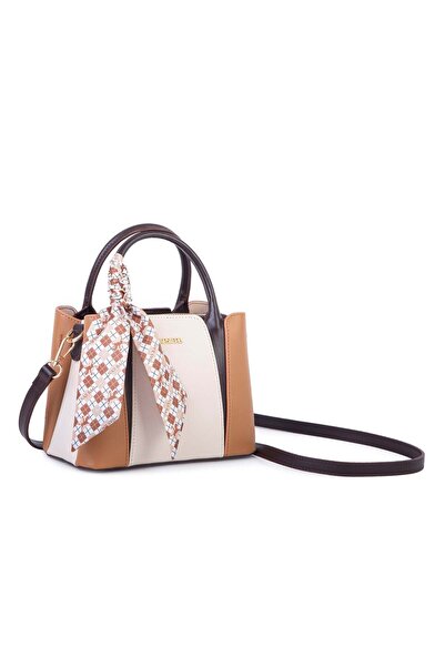 Nas Bag Şık Fularlı Mini El ve Omuz Çantası Krem Camel Calven