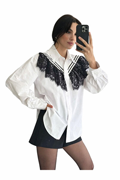 ribana Women's long sleeve Plaid Paneled Poplin Lace detailed shirt 2729