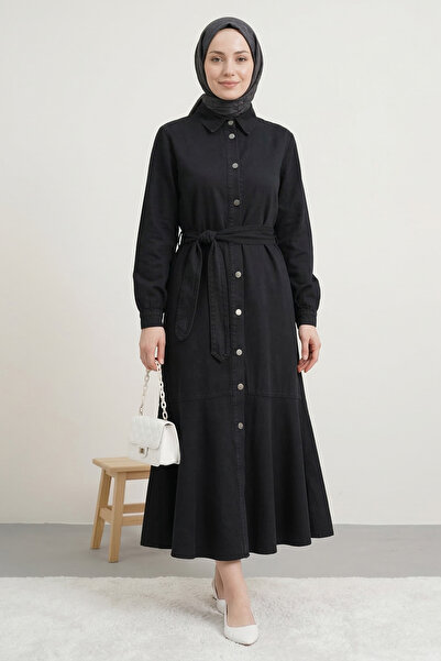 FERHEL Women's Buttoned Ruffle Skirt Denim Dress - Black