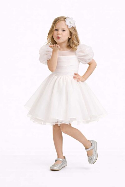 MONİTA Kız Çocuk Beyaz Tül Prenses Elbise – Kabartmalı Kollu, Özel Gün ve Doğ...