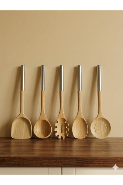 MİS KİTCHEN 5 Piece Bamboo Kitchen Utensil Set Metal Strappy Wooden Ladle Spa...