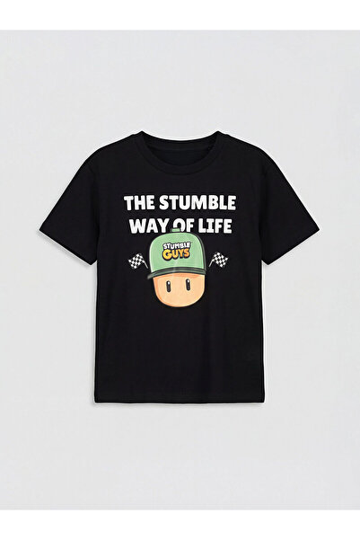 LC Waikiki تي شيرت أسود للأولاد من نوع Crew Neck Stumble Guys B مطبوع من GULI...