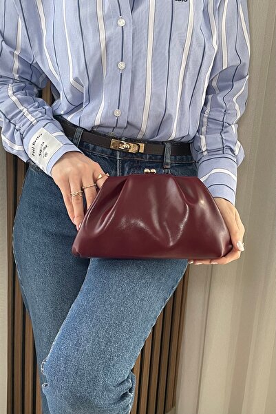 Fibag Kadın Bordo Gold Aksesuarlı Clutch Çanta - Gold Tokalı El Çantası, Günl...