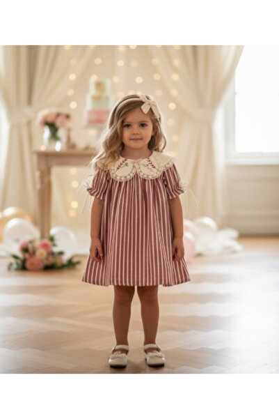 LİTTLE ANGELS Kız Bebek Bordo Çizgili Keten Elbise