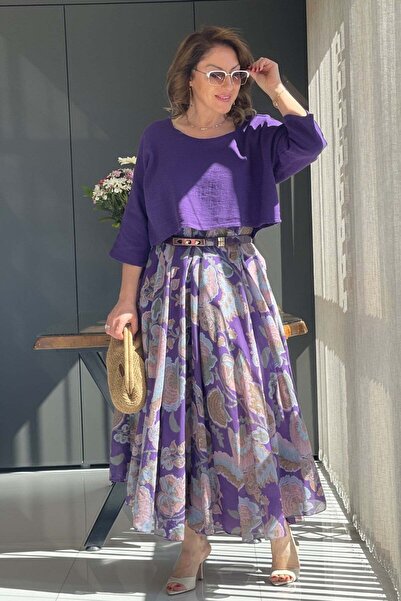 MİSLİNA BUTİK Çiçek Desen İthal Mor Elbise