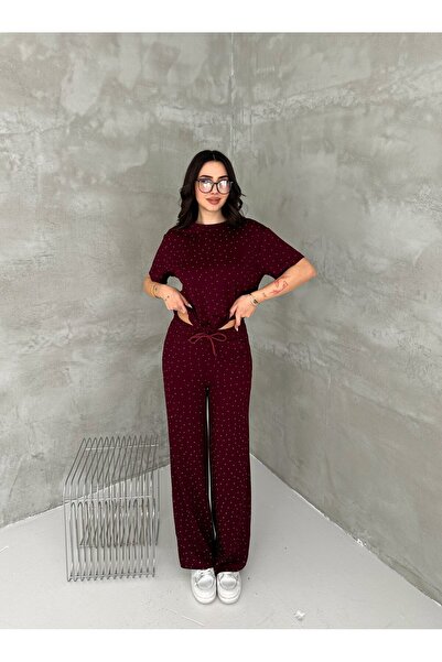 Elaxi Women's Crew Neck Stone Detailed Pocketed Shiny Double Set