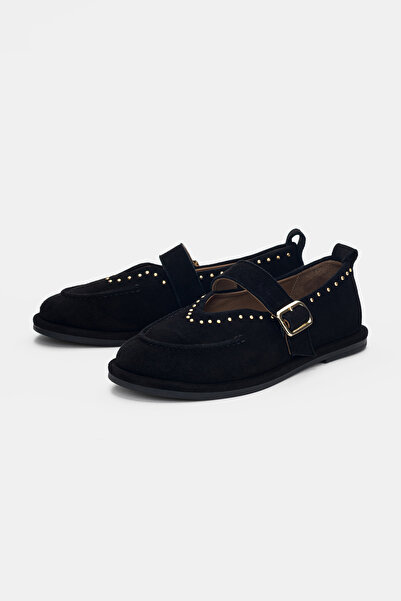 selin shoes Alvora Γνήσιο Δέρμα Front V Cut Gold Με λεπτομέρεια αγκράφας Γυνα...