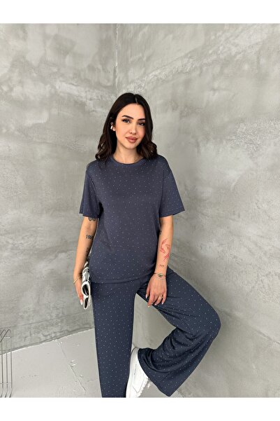 Elaxi Women's Crew Neck Stone Detailed Pocketed Shiny Double Set