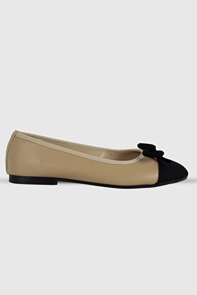 Modezya Nude Matte Black Satin Bow Detail Oval Toe Women's Shoes