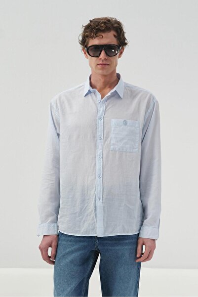 GIESTO Drapey Regular Fit Blue Voile Shirt