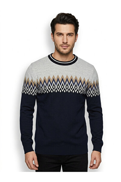 İMAJ MAĞAZACILIK Men's Navy Blue Gray Diamond Patterned Wool Blend Slim Fit C...