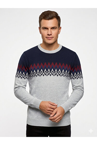 İMAJ MAĞAZACILIK Men's Navy Blue Gray Diamond Patterned Wool Blend Slim Fit C...